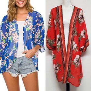 BUNDLE Olrain Live 4 Truth Red Blue Floral Open Front Bell Sleeve Kimono Robe